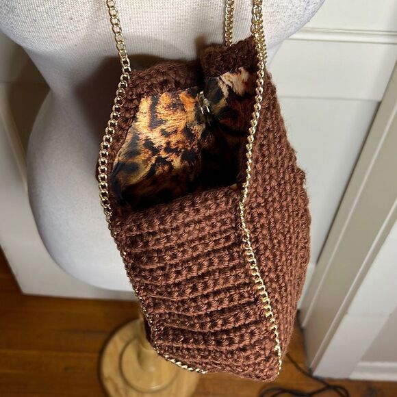 ❤️MF Twisted Yarn Crochet Bag Brown Gold Chain  Boho - Picture 4 of 7